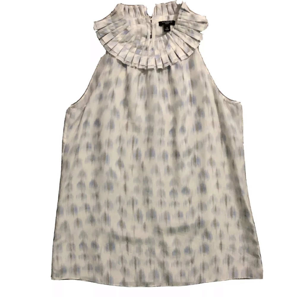 Ann Taylor Printed 100% Silk Sleeveless Blouse Pleated High Collar EUC Women's 8